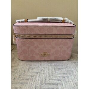 Coach Cosmetic Case Signature Canvas Powder Pink Travel Train Case Bag IN HAND